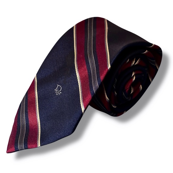 DIOR Embroidered Logo Variegated Stripe Silk Blend Tie Narrow Width VINTAGE